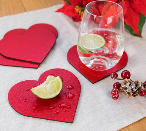 London Red Heart Shaped Recycled Leather Coaster Sets