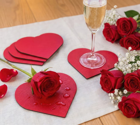 London Red Heart Shaped Recycled Leather Coaster Sets