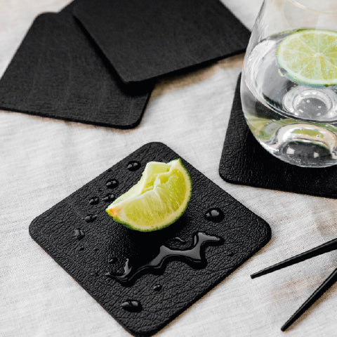 Jet Black Recycled Leather Coaster Sets